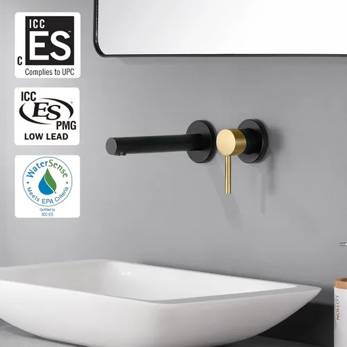 Miniatura 2 de SUMERAIN Grifo de lavabo de baño montado en la pared, acabado negro y dorado, grifo de lavabo con una sola manija y válvula áspera