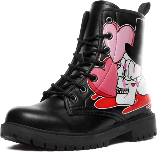 Miniatura 10 de Botines de combate para mujer, con estampado de corazón, botines cortos de moda con rosas y calavera, botas de trabajo duraderas con cordones