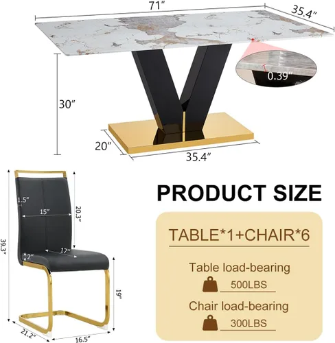 Miniatura 3 de Juego de mesa de comedor para mesa de comedor de mármol de 6,71 pulgadas, mesa de cocina moderna con 6 sillas de piel sintética, juego de mesa