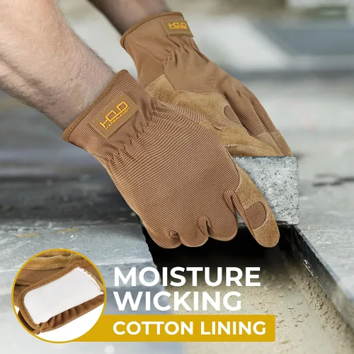 Miniatura 4 de HANDLANDY Guantes de jardinería de cuero para hombre, guantes de trabajo utilitarios para mecánicos, construcción, conductor Caqui (1 par)