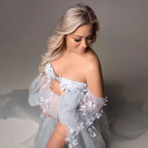 Miniatura 6 de FONGYUSHUN Vestido de maternidad de tul con apliques para sesión de fotos, manga larga hinchada, lencería nupcial, vestido de embarazo, vestido