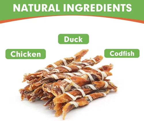 Miniatura 2 de MON2SUN Golosinas para Perros, Palitos Retorcidos de Cecina de Triple Sabor, Palitos Masticables de Pollo, Pato y Bacalao de 5-7 Pulgadas