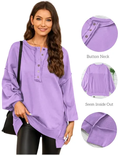 Miniatura 11 de AlvaQ - Sudadera de gran tamaño para mujer, informal, de manga larga, con botones y cuello Henley, tipo túnica