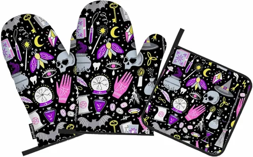 Juego de manoplas mágicas para horno y soportes para ollas, brujería, murciélago, bruja, misterio, esotérico, resistente al calor, 3 piezas para