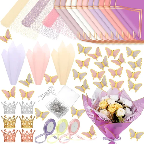 Qilery Juego de 334 piezas de papel de regalo de flores, 153 papel de regalo de ramo floral impermeable, 72 decoraciones de mariposas doradas 3D,