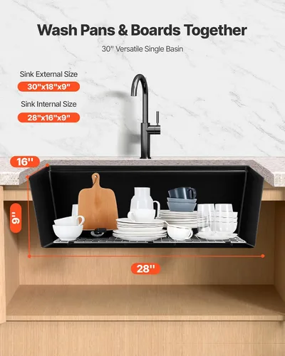 Miniatura 5 de VEVOR Fregadero de cocina de 33 pulgadas, fregadero de granito de montaje superior, lavabo de granja de un solo tazón con múltiples accesorios