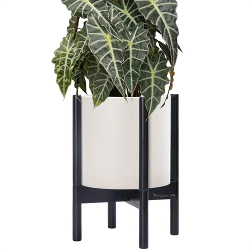 Miniatura 65 de Maceta de D'vine Dev con soporte - Maceta de flores de cilindro de plástico de 8.0 pulgadas con soporte de madera para interiores, maceta mate negra