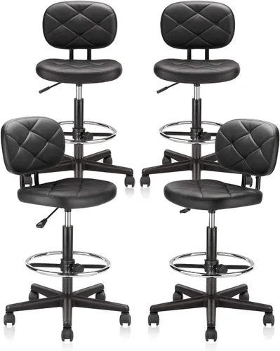 Miniatura 17 de KLASIKA Taburete alto con ruedas de dibujo con soporte de respaldo bajo y anillos ajustables para reposapiés, juego de 2 sillas de escritorio negro