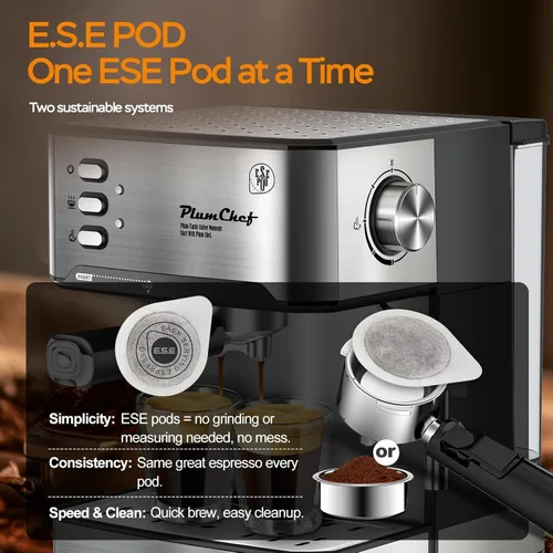 Miniatura 4 de Plum chef Máquina de café espresso profesional de 20 bar con espumador de leche, doble disparo, compatible con cápsulas ESE, tanque de agua