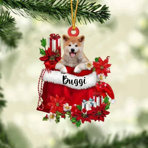 Perro Akita Inu personalizado en bolsa de regalo, adorno de Navidad, nombre personalizado, regalo para amantes de los perros, familia, Navidad,