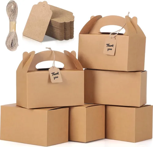 Mimorou - Paquete de 100 cajas a dos aguas marrones a granel con etiquetas y cordel, caja de regalo de agradecimiento para galletas de caramelo,