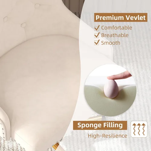 Miniatura 5 de Westice Sillas de escritorio de terciopelo, silla giratoria tapizada de maquillaje cómoda con respaldo copetudo, base de metal dorado y ruedas, Beige