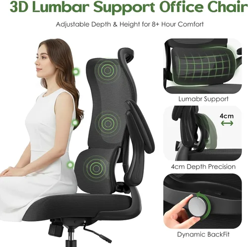 Miniatura 4 de Silla de oficina ergonómica - Silla de oficina cómoda de malla con respaldo alto con rueda de apoyo lumbar, sillas de oficina para el hogar, Negro