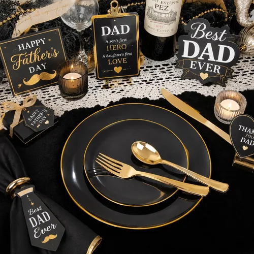 Miniatura 2 de WDF - 150 piezas de platos de plástico negros - Platos desechables negros y dorados - Juegos de vajilla desechables para 25 invitados