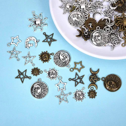 Miniatura 2 de SUNNYCLUE 64 dijes estilo tarot, sol, luna, estrella, aleación a granel, media luna tibetana, triple luna, diosa para hacer joyas, accesorios mixtos
