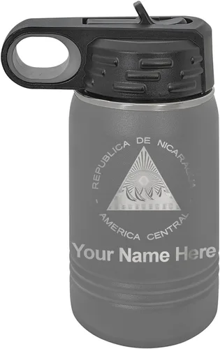 Miniatura 72 de LaserGram Botella de agua personalizada, bandera de Nicaragua, acero inoxidable de doble pared aislada al vacío con popote superior, regalo grabado