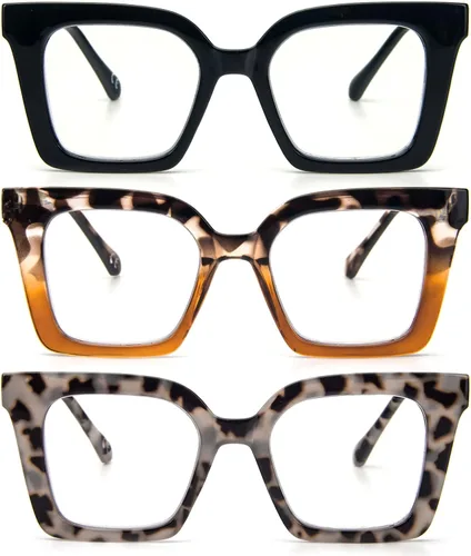 Miniatura 10 de Paquete de 3 elegantes lentes de lectura estilo Oprah con marco cuadrado para mujer, bloqueo de luz azul, cómodos lectores Mezcla de colores1
