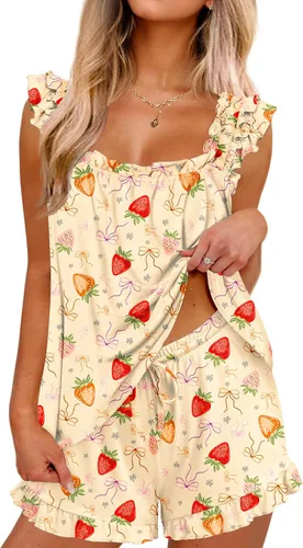 Miniatura 20 de Ekouaer Conjunto de pijama para mujer, conjunto de 2 piezas con volantes, camiseta sin mangas suave y pantalones cortos, conjunto de pijama de novia