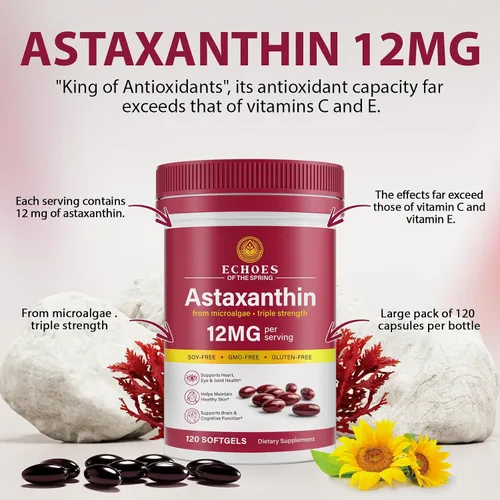 Miniatura 9 de Astaxantina 12 mg – Astaxantina natural de Haematococcus Pluvialis, suplemento antioxidante de triple fuerza para apoyo de ojos, piel