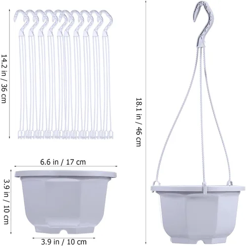 Miniatura 2 de 8-Inch Hanging Planters Octagonal Plastic Flower Pots with Hook, 10pcs Indoor Hanging Plant Baskets for Balcony and Garden, White Gardening