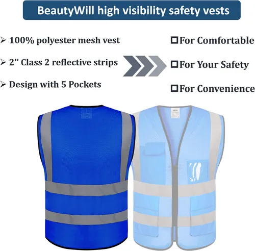 Miniatura 4 de BeautyWill Chaleco de seguridad con logotipo personalizado Class2 Chaleco reflectante de alta visibilidad con bolsillos y cremallera chaleco