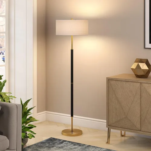 Miniatura 2 de Henn&Hart Lámpara de pie de 2 luces con pantalla de tela en negro mate/latón/blanco, lámpara de pie para oficina en casa, dormitorio, sala de estar