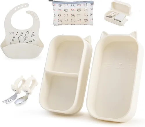 Baby Travel Essentials - Juego de 6 platos para niños pequeños con succión, cuchara y tenedor de acero inoxidable 304, babero plegable de silicona