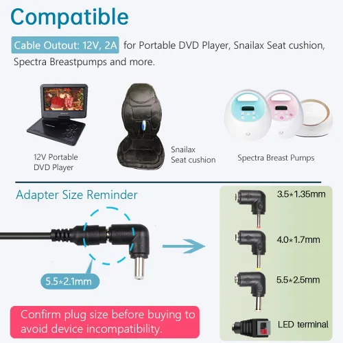 Miniatura 2 de FouceClaus Adaptador de cargador de coche de 12 V para reproductor de DVD portátil, cable de repuesto para cigarrillos de automóvil RCA, Philips