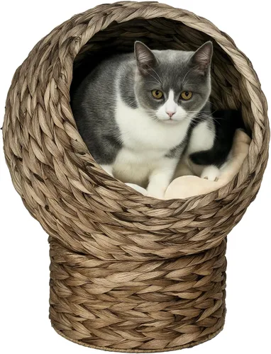 Miniatura 12 de PawHut Cama elevada tejida a mano para gatos con cojín suave y forma de silla de huevo, cama de cesta con soporte, casa de mimbre elevada para gatos