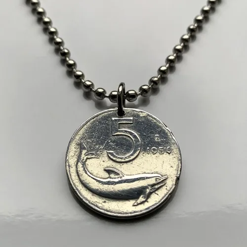 Miniatura 4 de 1953 Italy Italia 5 Lire coin pendant dolphin porpoise Rome Milan Florence Venice Verona Genoa Palermo Bologna Torino Napoli Cagliari San Gimignano