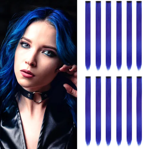 Miniatura 16 de Paquete de 12 extensiones de cabello de colores arcoíris, mechones para fiestas, 22 pulgadas, extensiones de cabello coloridas con clip, mechones