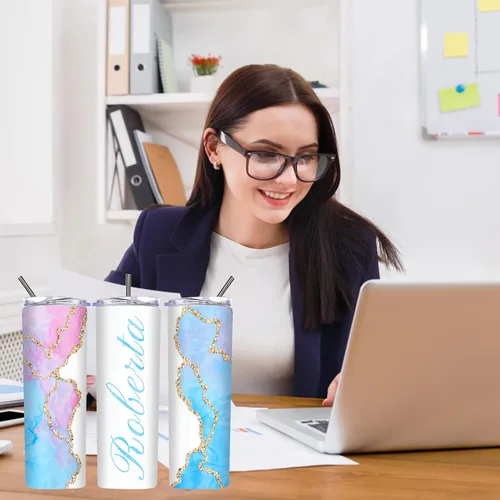 Miniatura 8 de Vasos delgados personalizados con tapas y pajitas de 20 onzas, diseño de mármol personalizado, vasos de acero inoxidable delgados con nombre