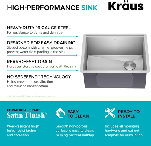 Miniatura 6 de KRAUS KWU111-23 Kore - Fregadero de cocina con estación de trabajo de 23 pulgadas, para empotrar, cuenco individual, de acero inoxidable calibre 16