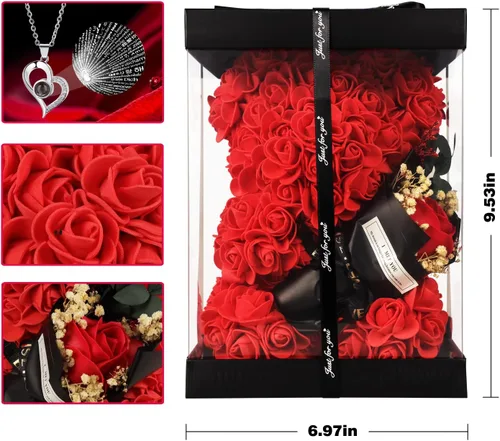 Miniatura 4 de Regalos de oso de rosas para mujer, rosa artificial de oso de rosas con collar I Love You, ramo de flores romántico, regalo para esposa, mamá