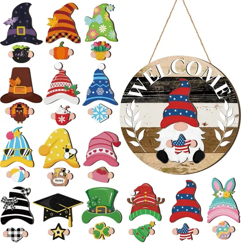 Miniatura 32 de Qunclay 31 piezas 3D de grano natural intercambiable de madera gnomo para puerta, decoraciones navideñas de gnomo con piezas magnéticas y sombreros