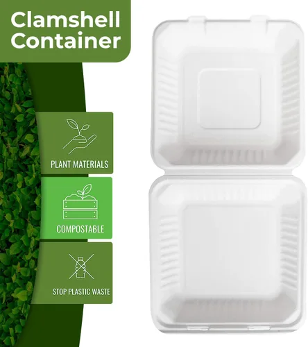 Miniatura 2 de Contenedores biodegradables para llevar de 9 pulgadas, paquete de 100, cajas compostables para llevar con tapa con bisagras integrada