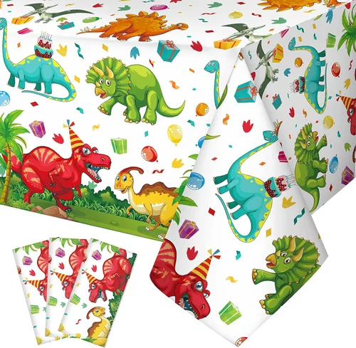 Miniatura 10 de Tegeme 1 mantel de plástico de dinosaurio para fiestas, 54 x 108 pulgadas, desechable, impermeable, con estampado de dinosaurios, para suministros