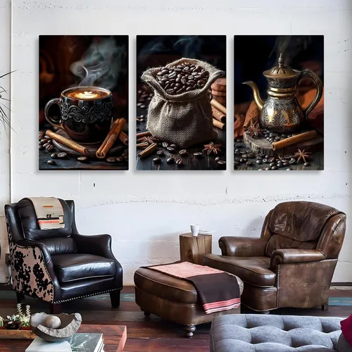 Miniatura 3 de Gueeclk Arte de pared en lienzo de barra de café, impresiones en lienzo de granos de café en tela de saco, juego de 3 arte de pared marrón, imagen