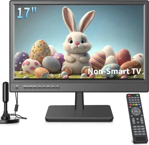 Jexiop TV de 17 pulgadas, pequeño televisor de pantalla plana con sintonizador digital ATSC, puerto HDMI y USB en doble potencia, cable de cargador