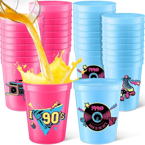 Funnymoom 24 tazas temáticas de los años 90 de 16 onzas, reutilizables, gruesas, retro, para fiesta, de plástico, rosa, rojo y azul, retro, música,