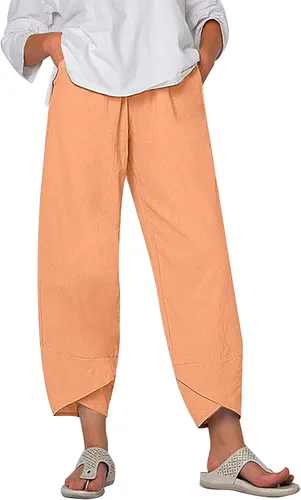Miniatura 14 de Pantalones Capri de Lino de Algodón para Mujer 2025, Pantalones Palazzo Recortados Casuales con Estampado, Cintura Elástica, Pantalones Holgados