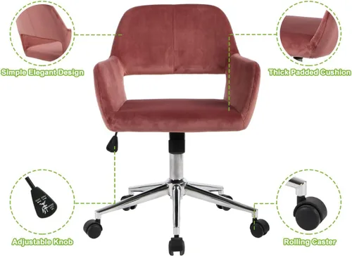 Miniatura 4 de Silla de oficina de terciopelo rosa rosa, silla giratoria ajustable de altura media, silla de computadora con ruedas modernas para oficina en casa