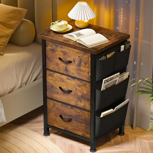 Miniatura 14 de EnHomee Mesita de noche alta, mesita de noche con cajones para dormitorio, mesita de noche con parte superior de madera, mesa auxiliar con marco