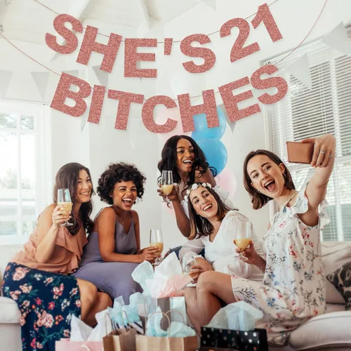 Miniatura 5 de Decoraciones de 21 cumpleaños para ella – NO DIY – She's 21 Bitches Negro Glitter Banner divertido Feliz 21 cumpleaños fiesta cartel decoración