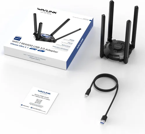 Miniatura 9 de Adaptador WiFi USB para PC de escritorio, WAVLINK Tri-Band BE6500 WiFi 7 adaptador con antenas de alta ganancia de 2.4 GHz/5 GHz/6 GHz, WPA3, MLO