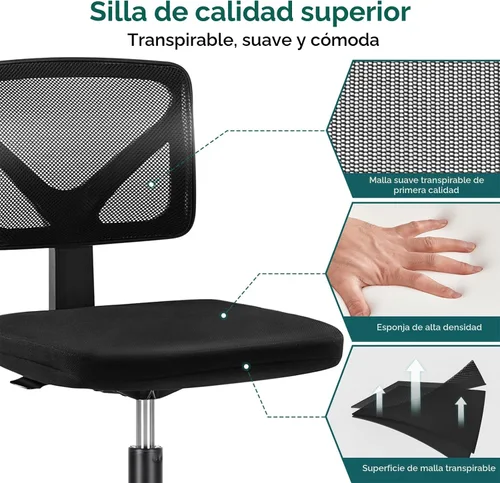 Miniatura 5 de DUMOS Sillas de oficina sin brazos con ruedas, ergonómicas ajustables para escritorio en casa, silla giratoria con ruedas, sin brazos, cómoda malla
