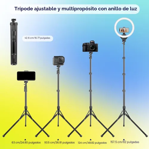Miniatura 5 de Aureday - Anillo de luz para selfie de 14 pulgadas con soporte para trípode de 62 pulgadas y soporte para teléfono, anillo de luz LED regulable