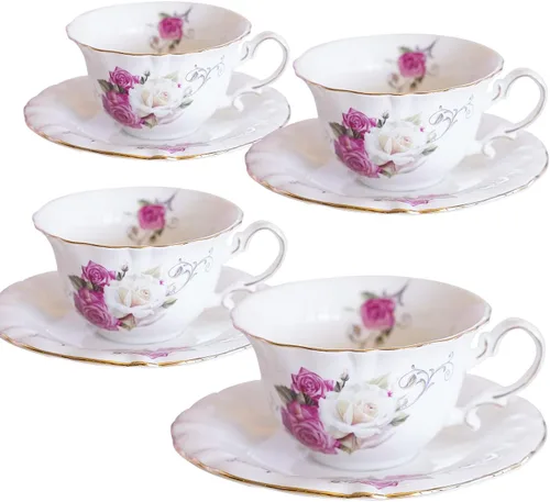 Miniatura 9 de Juego de 4 tazas de té de cerámica, tazas de café y platillos (azul y rojo)