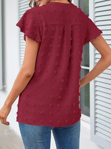 Miniatura 3 de MEROKEETY Blusa de manga corta con volantes y cuello en V para primavera 2026, para verano, con lunares suizos, elegante, informal, con vuelo
