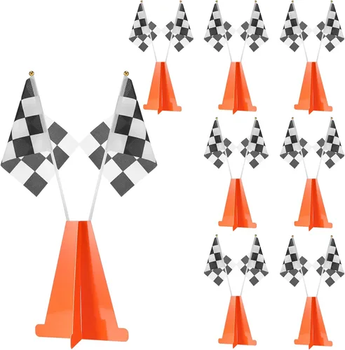 Affrolling Las decoraciones de fiesta de autos de carreras incluyen 6 conos de tráfico naranjas y 12 banderas a cuadros, mini conos de cartón blanco